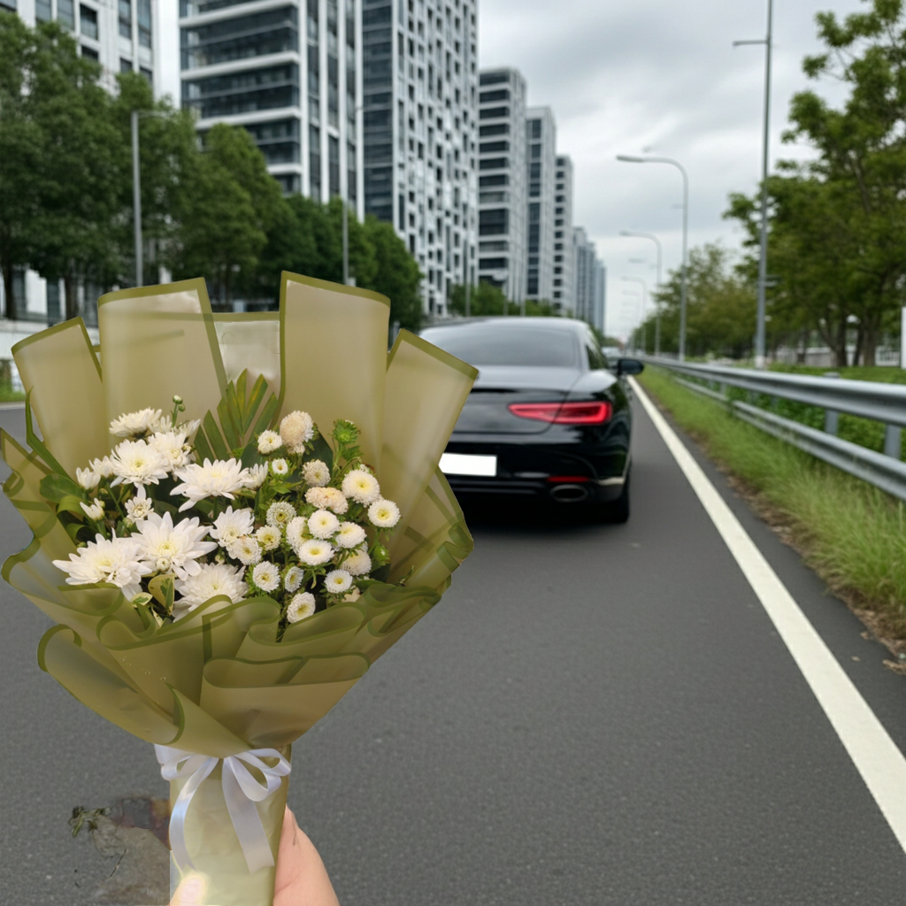 White Chrysanthemum Bouquet with Olive Wrap – Fresh Flower Bouquet Lahore