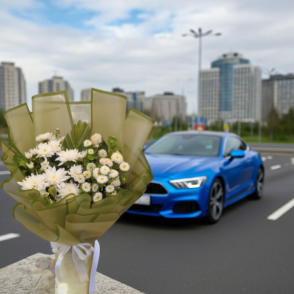 White Chrysanthemum Bouquet with Olive Wrap – Fresh Flower Bouquet Lahore