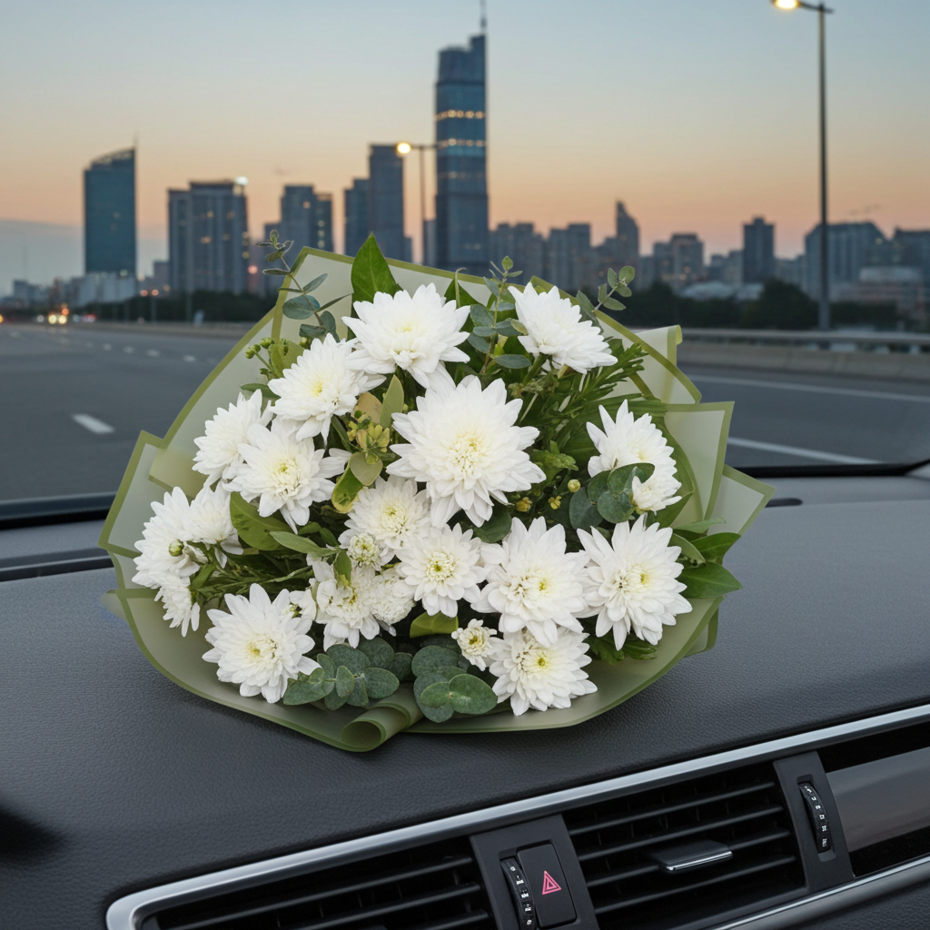 White Chrysanthemum Bouquet with Olive Wrap – Fresh Flower Bouquet Lahore