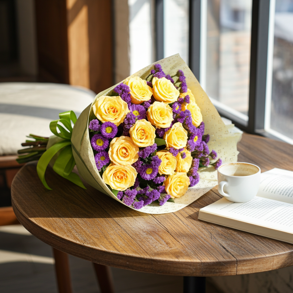 Yellow Rose & Aster Flower Bouquet – Fresh Elegant Floral Gift Lahore | Floria Florist