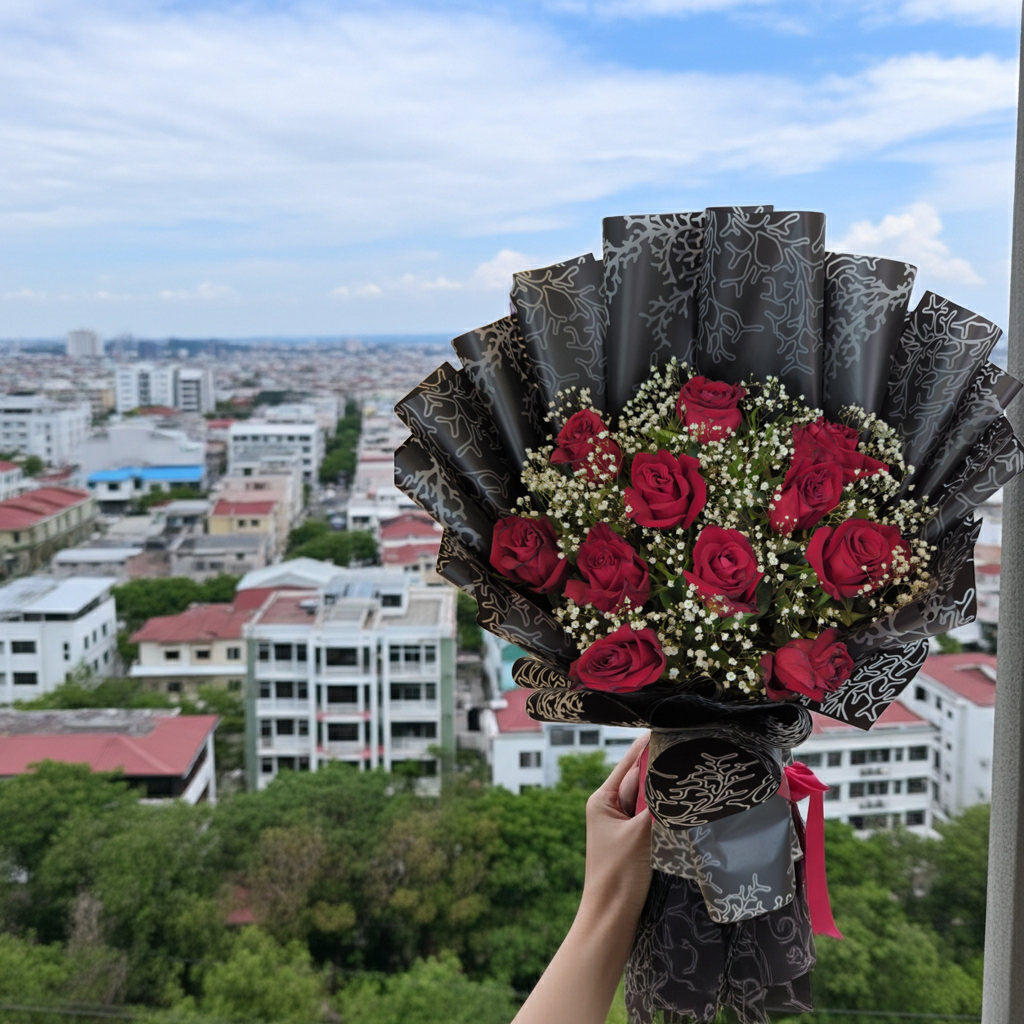 Imported 10 Rose Bouquet with Baby’s Breath & Black Wrap – Luxury Roses Lahore