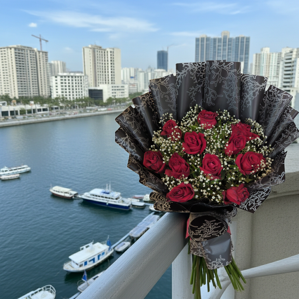 Imported 10 Rose Bouquet with Baby’s Breath & Black Wrap – Luxury Roses Lahore