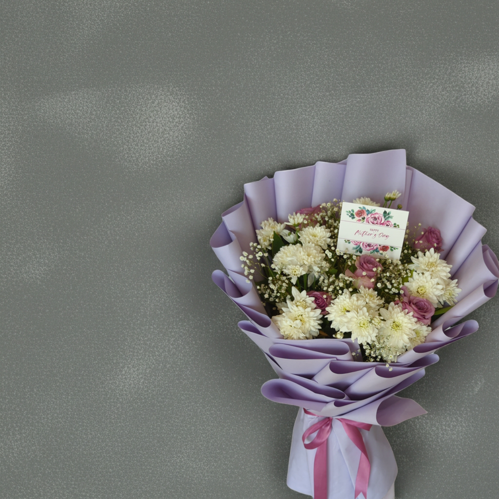 White Chrysanthemum & Pink Rose Bouquet – Elegant Fresh Flower Bouquet Lahore