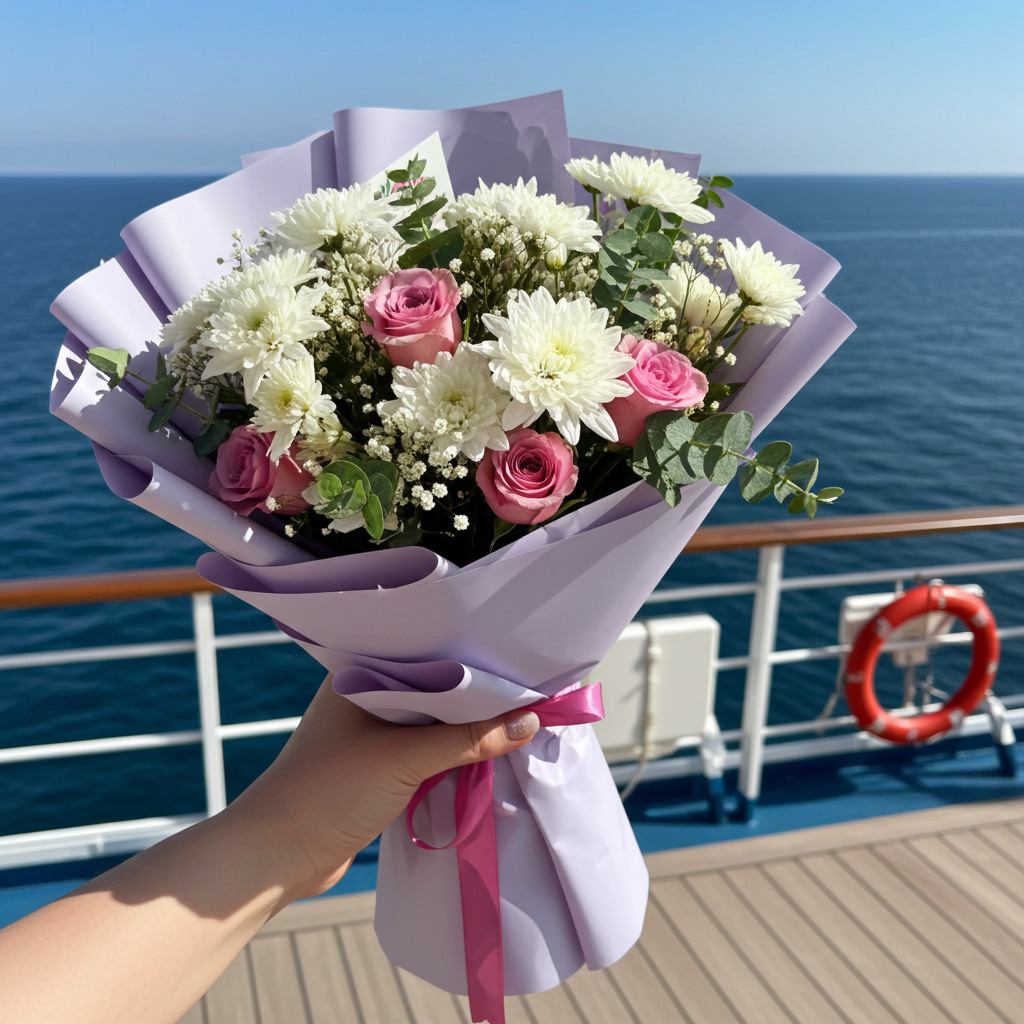 White Chrysanthemum & Pink Rose Bouquet – Elegant Fresh Flower Bouquet Lahore