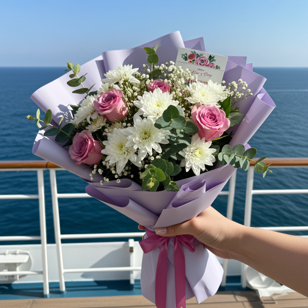 White Chrysanthemum & Pink Rose Bouquet – Elegant Fresh Flower Bouquet Lahore