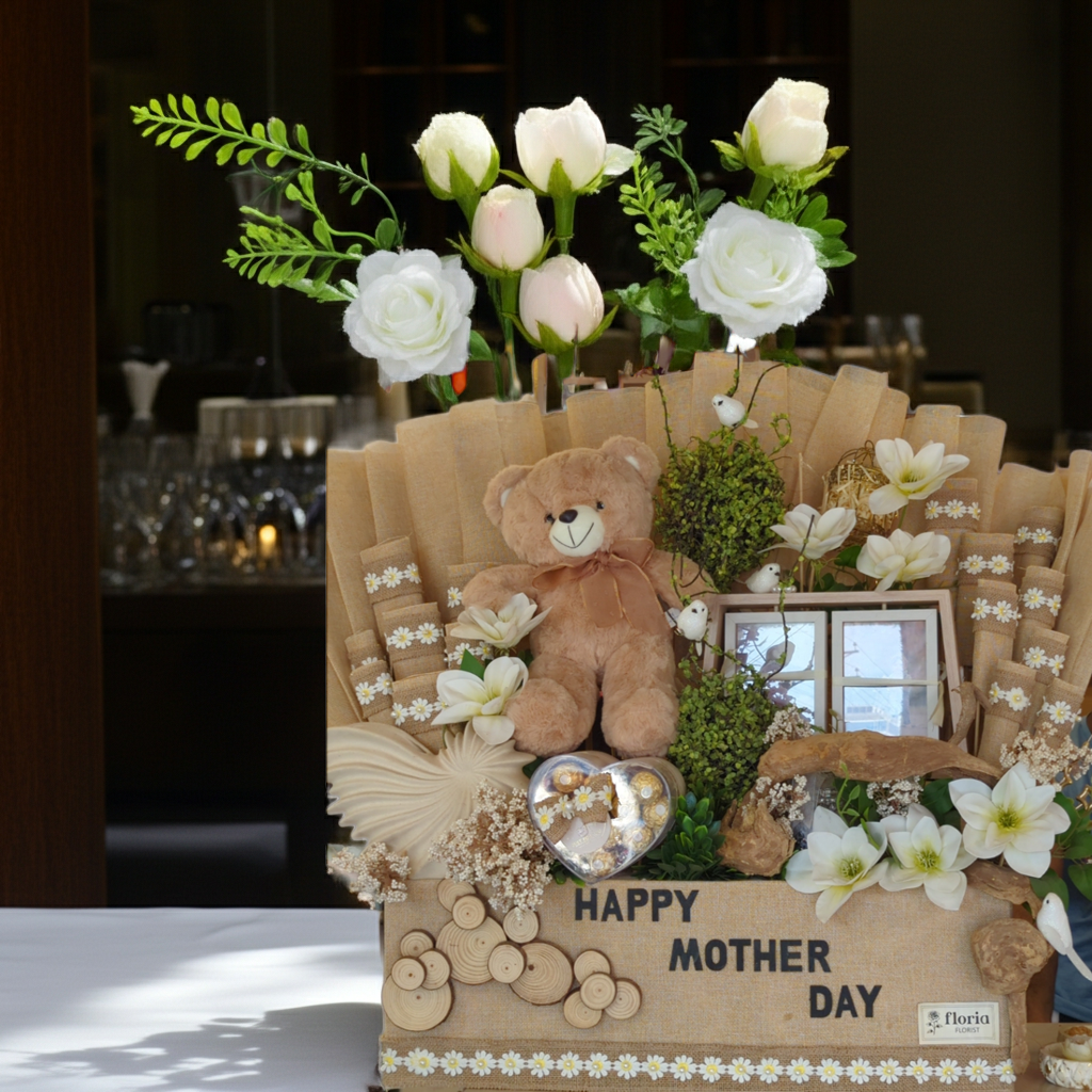 Mother’s Day Special Gift Basket – Chocolates, Teddy Bear, Flowers & Ceramic Pot Lahore | Floria Florist