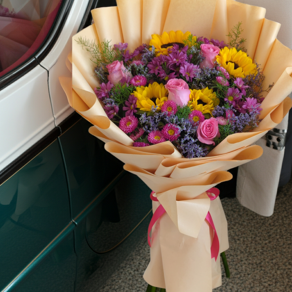 Pink Chrysanthemum, Sunflower & Pink Rose Bouquet with Mini Aster – Premium Fresh Flowers Lahore