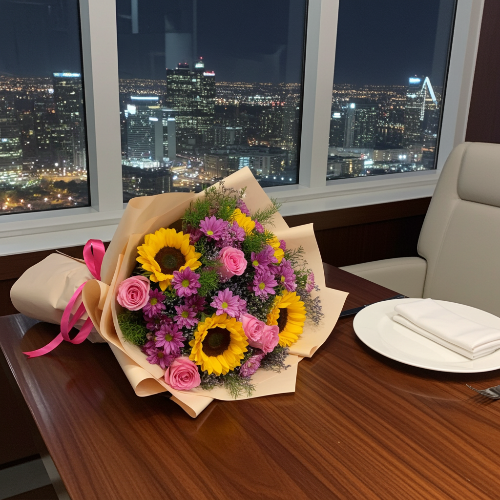 Pink Chrysanthemum, Sunflower & Pink Rose Bouquet with Mini Aster – Premium Fresh Flowers Lahore