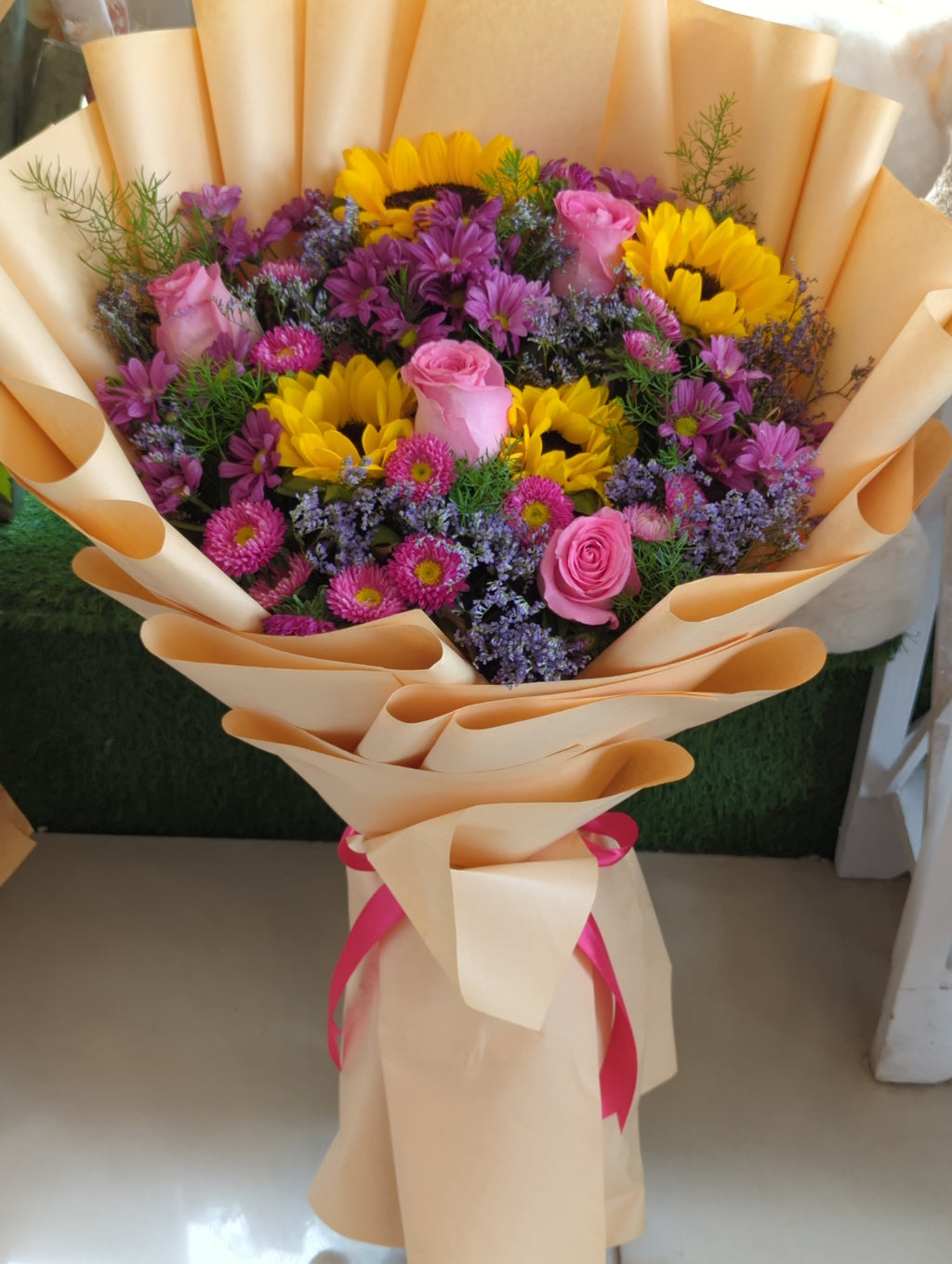 Pink Chrysanthemum, Sunflower & Pink Rose Bouquet with Mini Aster – Premium Fresh Flowers Lahore