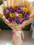 Pink Chrysanthemum, Sunflower & Pink Rose Bouquet with Mini Aster – Premium Fresh Flowers Lahore